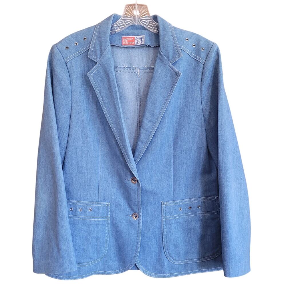 America The Beautiful Blue Blazer Jacket Button Front Light Wash Denim Western